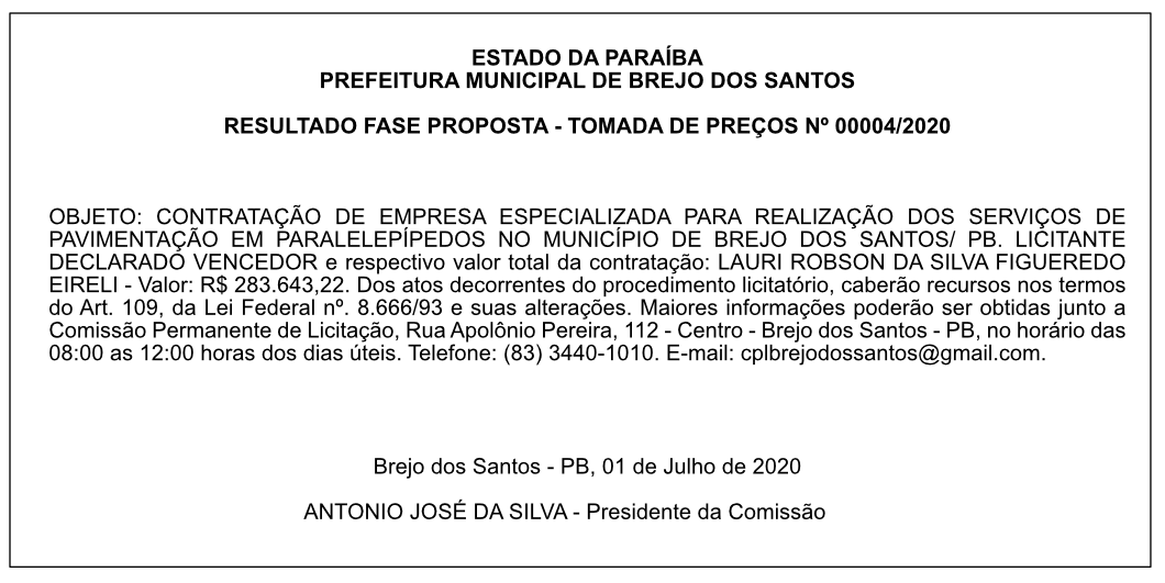 PREFEITURA MUNICIPAL DE BREJO DOS SANTOS – RESULTADO FASE PROPOSTA – TOMADA DE PREÇOS Nº 00004/2020