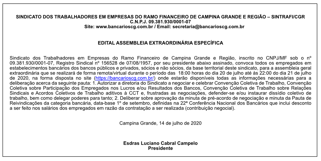 SINTRAFI/CGR – EDITAL ASSEMBLEIA EXTRAORDINÁRIA ESPECÍFICA