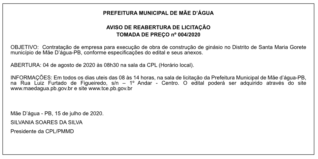 PREFEITURA MUNICIPAL DE MÃE D’ÁGUA – AVISO DE REABERTURA DE LICITAÇÃO – TOMADA DE PREÇO nº 004/2020