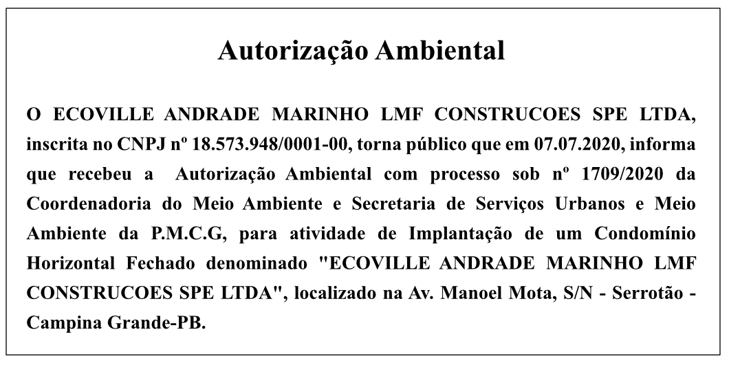 ECOVILLE ANDRADE MARINHO LMF CONSTRUCOES SPE LTDA – AUTORIZAÇÃO AMBIENTAL