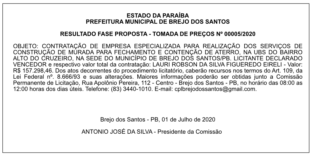 PREFEITURA MUNICIPAL DE BREJO DOS SANTOS – RESULTADO FASE PROPOSTA – TOMADA DE PREÇOS Nº 00005/2020