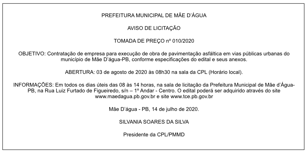 PREFEITURA MUNICIPAL DE MÃE D’ÁGUA – AVISO DE LICITAÇÃO – TOMADA DE PREÇO Nº 010/2020