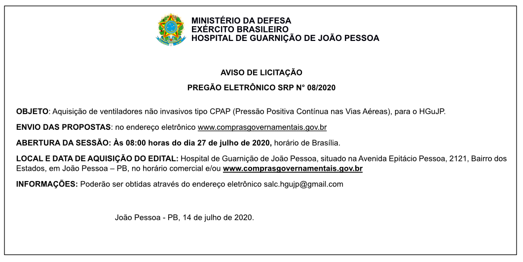 HOSPITAL DE GUARNIÇÃO DE JOÃO PESSOA – AVISO DE LICITAÇÃO – PREGÃO ELETRÔNICO SRP N° 08/2020