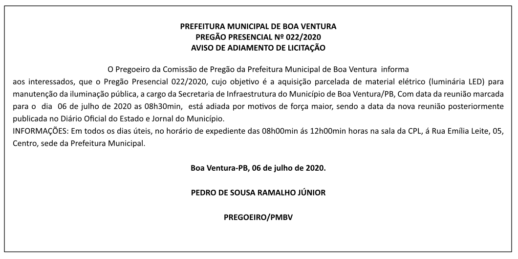 PREFEITURA MUNICIPAL DE BOA VENTURA – PREGÃO PRESENCIAL Nº 022/2020 – AVISO DE ADIAMENTO DE LICITAÇÃO