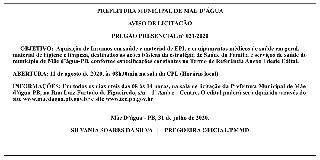 PREFEITURA MUNICIPAL DE MÃE D’ÁGUA – AVISO DE LICITAÇÃO – PREGÃO PRESENCIAL Nº 021/2020