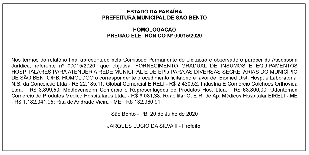 PREFEITURA MUNICIPAL DE SÃO BENTO – HOMOLOGAÇÃO – PREGÃO ELETRÔNICO Nº 00015/2020