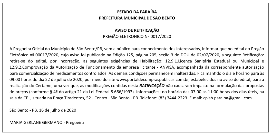PREFEITURA MUNICIPAL DE SÃO BENTO – AVISO DE RETIFICAÇÃO – PREGÃO ELETRONICO Nº 0017/2020