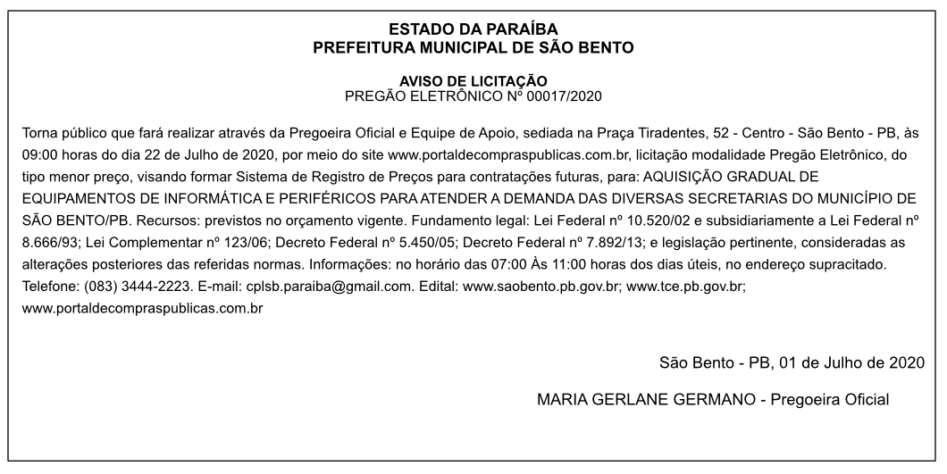 PREFEITURA MUNICIPAL DE SÃO BENTO – AVISO DE LICITAÇÃO – PREGÃO ELETRÔNICO Nº 00017/2020