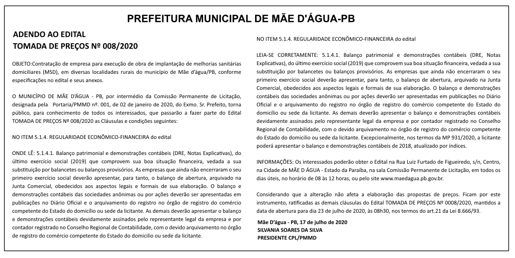 PREFEITURA MUNICIPAL DE MÃE D’ÁGUA – ADENDO AO EDITAL – TOMADA DE PREÇOS Nº 008/2020