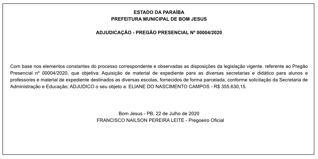 PREFEITURA MUNICIPAL DE BOM JESUS – ADJUDICAÇÃO – PREGÃO PRESENCIAL Nº 00004/2020