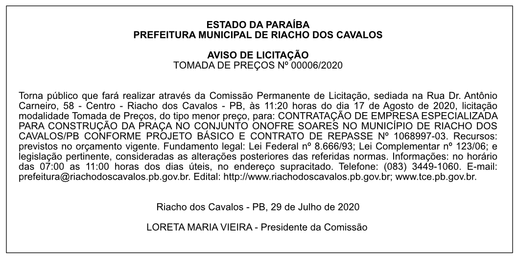 PREFEITURA MUNICIPAL DE RIACHO DOS CAVALOS – AVISO DE LICITAÇÃO – TOMADA DE PREÇOS Nº 00006/2020