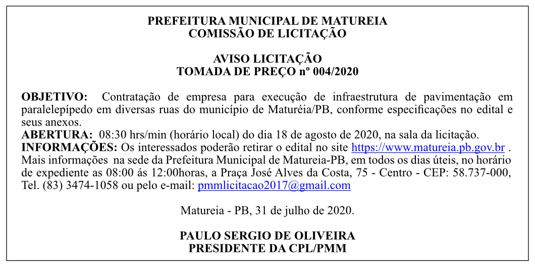 PREFEITURA MUNICIPAL DE MATUREIA – AVISO LICITAÇÃO – TOMADA DE PREÇO Nº 004/2020
