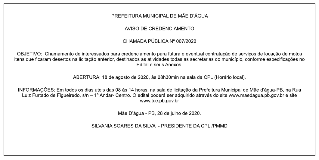 PREFEITURA MUNICIPAL DE MÃE D’ÁGUA – AVISO DE CREDENCIAMENTO – CHAMADA PÚBLICA Nº 007/2020
