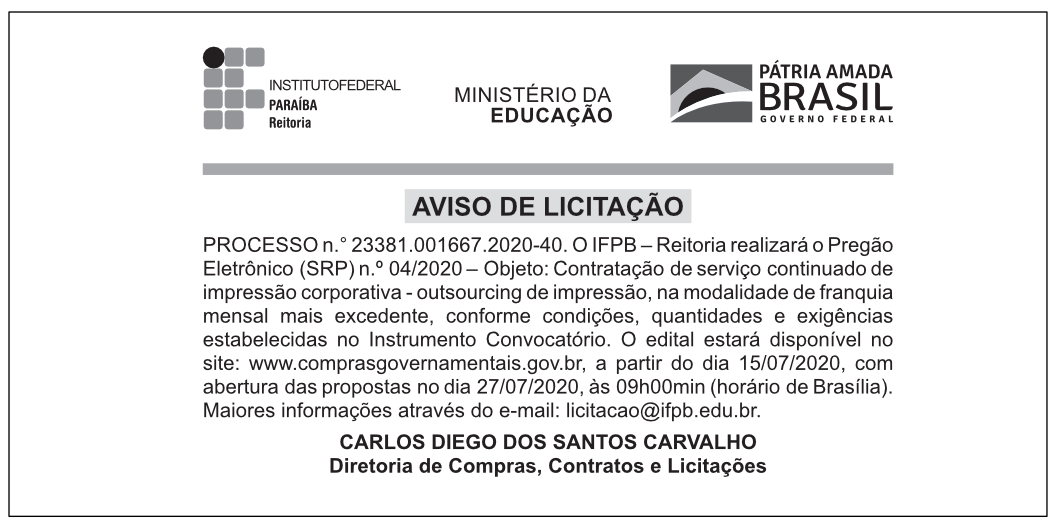 IFPB – AVISO DE LICITAÇÃO – PREGÃO ELETRÔNICO (SRP) Nº 04/2020