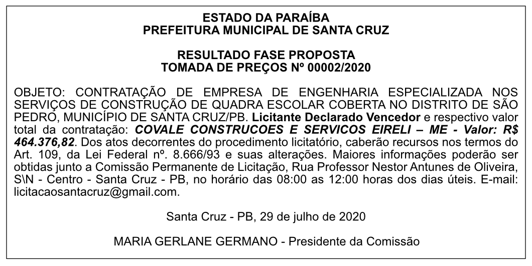 PREFEITURA MUNICIPAL DE SANTA CRUZ – RESULTADO FASE PROPOSTA – TOMADA DE PREÇOS Nº 00002/2020