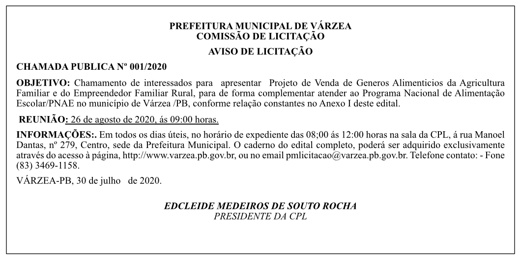 PREFEITURA MUNICIPAL DE VÁRZEA – AVISO DE LICITAÇÃO – CHAMADA PUBLICA Nº 001/2020