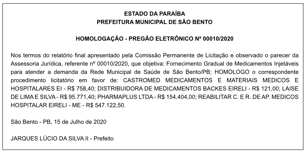 PREFEITURA MUNICIPAL DE SÃO BENTO – HOMOLOGAÇÃO – PREGÃO ELETRÔNICO Nº 00010/2020