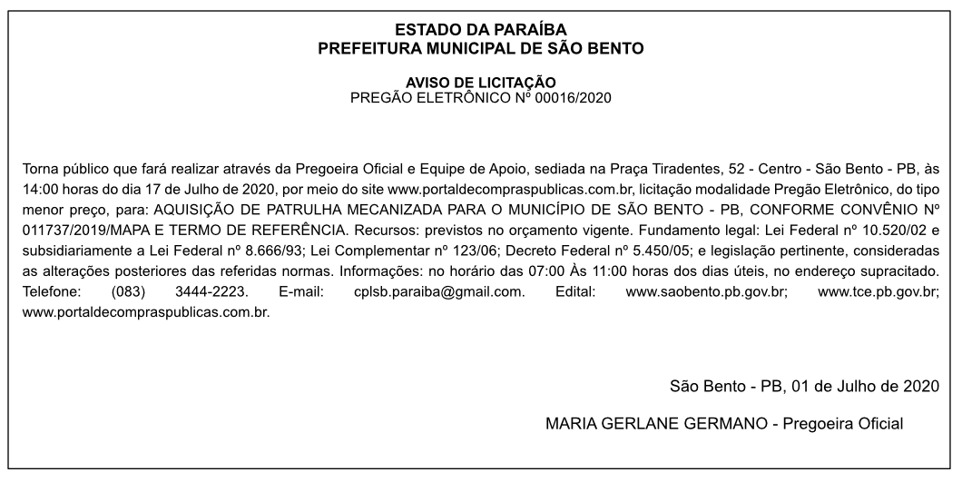 PREFEITURA MUNICIPAL DE SÃO BENTO – AVISO DE LICITAÇÃO – PREGÃO ELETRÔNICO Nº 00016/2020