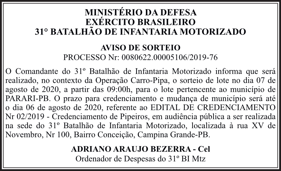 31° BATALHÃO DE INFANTARIA MOTORIZADO – AVISO DE SORTEIO PROCESSO Nr: 0080622.00005106/2019-76