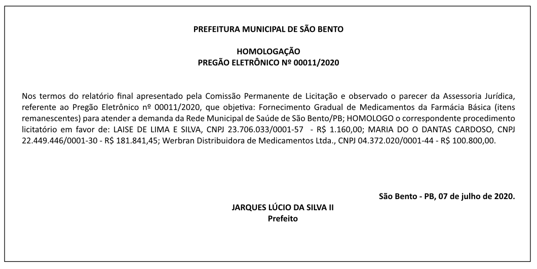 PREFEITURA MUNICIPAL DE SÃO BENTO – HOMOLOGAÇÃO – PREGÃO ELETRÔNICO Nº 00011/2020
