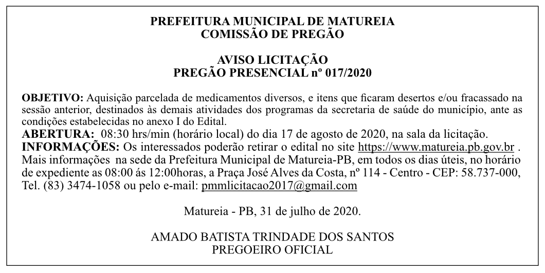 PREFEITURA MUNICIPAL DE MATUREIA – AVISO LICITAÇÃO – PREGÃO PRESENCIAL Nº 017/2020