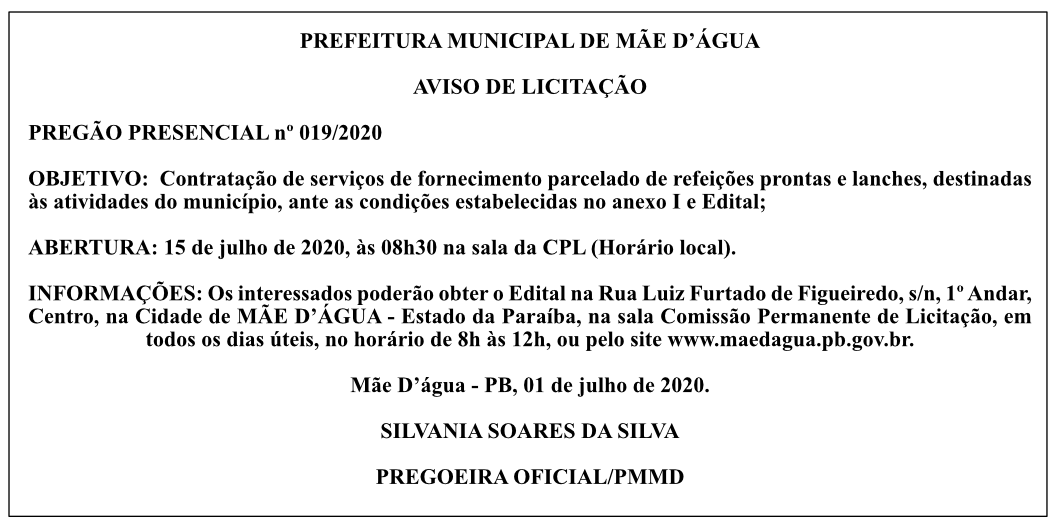 PREFEITURA MUNICIPAL DE MÃE D’ÁGUA – AVISO DE LICITAÇÃO – PREGÃO PRESENCIAL Nº 019/2020