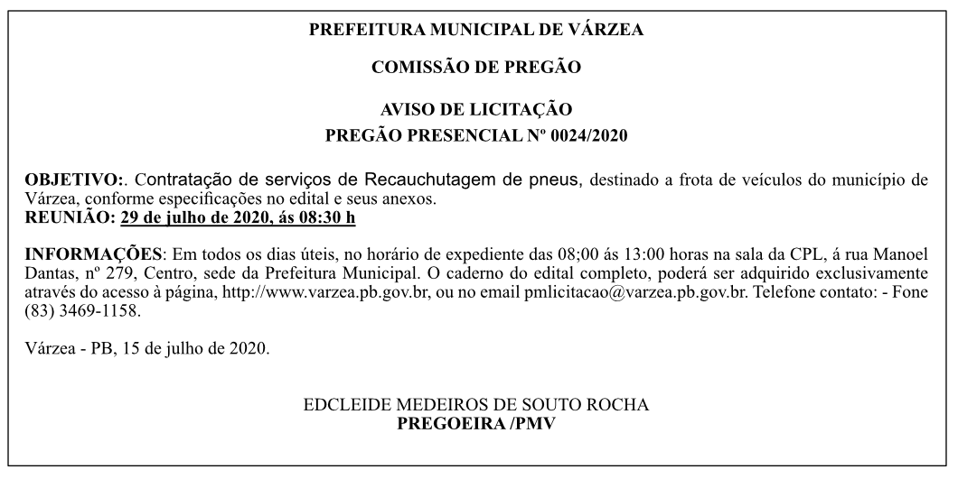 PREFEITURA MUNICIPAL DE VÁRZEA – AVISO DE LICITAÇÃO – PREGÃO PRESENCIAL Nº 0024/2020