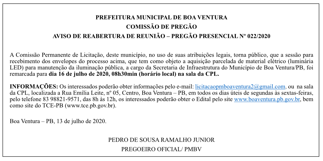 PREFEITURA MUNICIPAL DE BOA VENTURA – AVISO DE REABERTURA DE REUNIÃO – PREGÃO PRESENCIAL Nº  022/2020