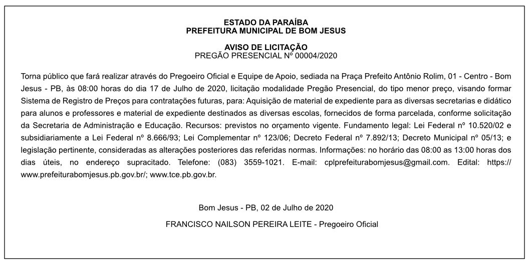 PREFEITURA MUNICIPAL DE BOM JESUS – AVISO DE LICITAÇÃO – PREGÃO PRESENCIAL Nº 00004/2020