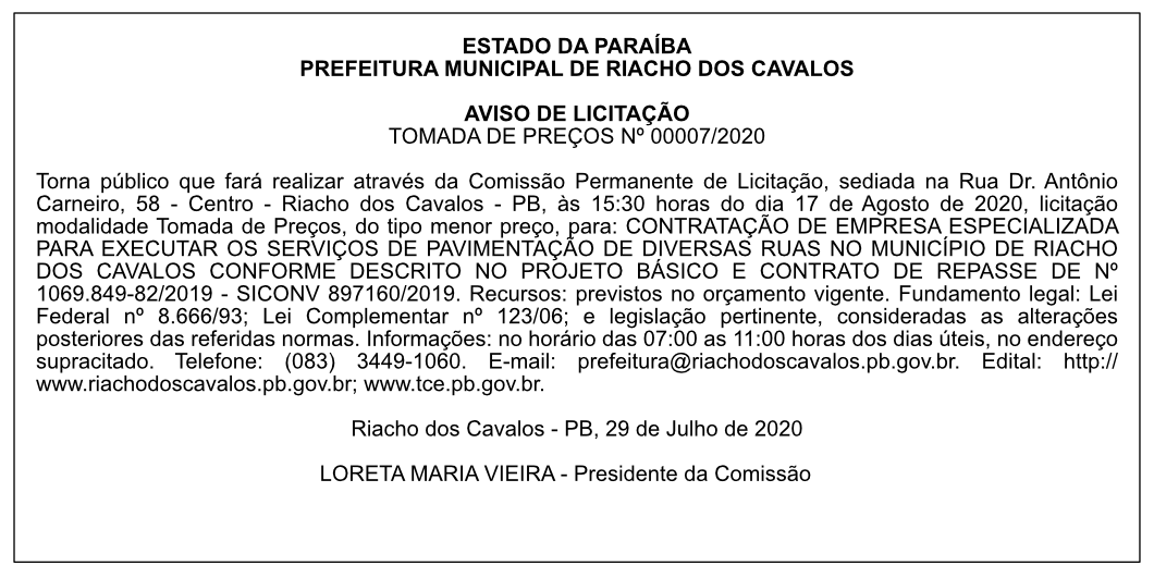 PREFEITURA MUNICIPAL DE RIACHO DOS CAVALOS – AVISO DE LICITAÇÃO – TOMADA DE PREÇOS Nº 00007/2020