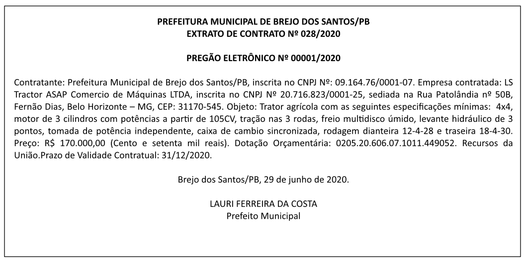 PREFEITURA MUNICIPAL DE BREJO DOS SANTOS – EXTRATO DE CONTRATO Nº 028/2020 – PREGÃO ELETRÔNICO No 00001/2020