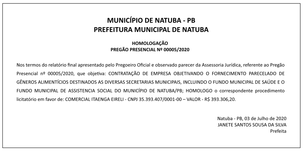 PREFEITURA MUNICIPAL DE NATUBA – HOMOLOGAÇÃO – PREGÃO PRESENCIAL Nº 00005/2020