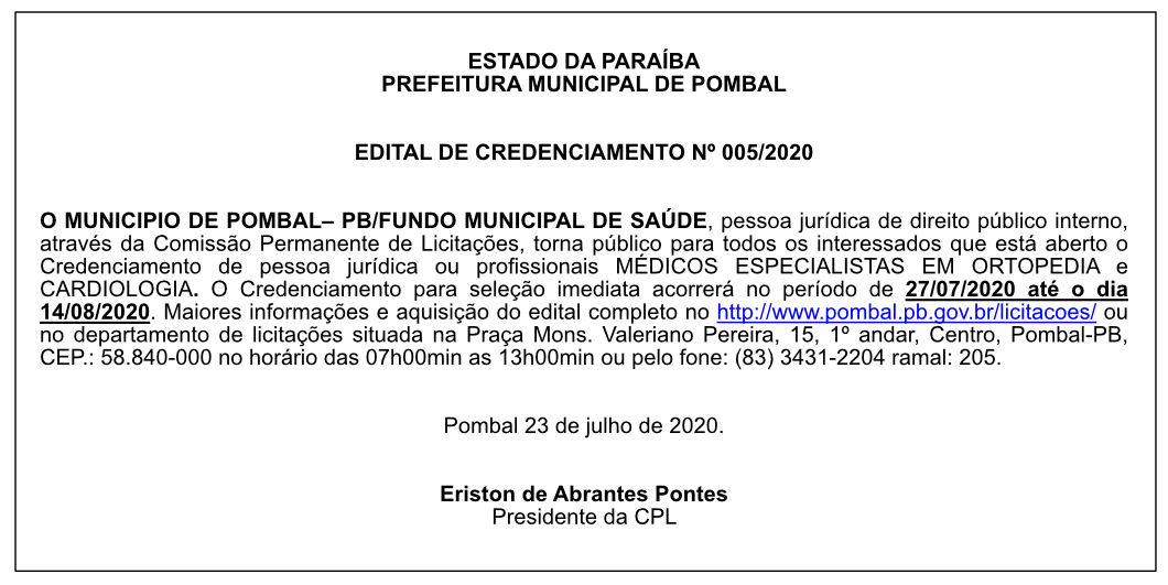 PREFEITURA MUNICIPAL DE POMBAL – EDITAL DE CREDENCIAMENTO Nº 005/2020