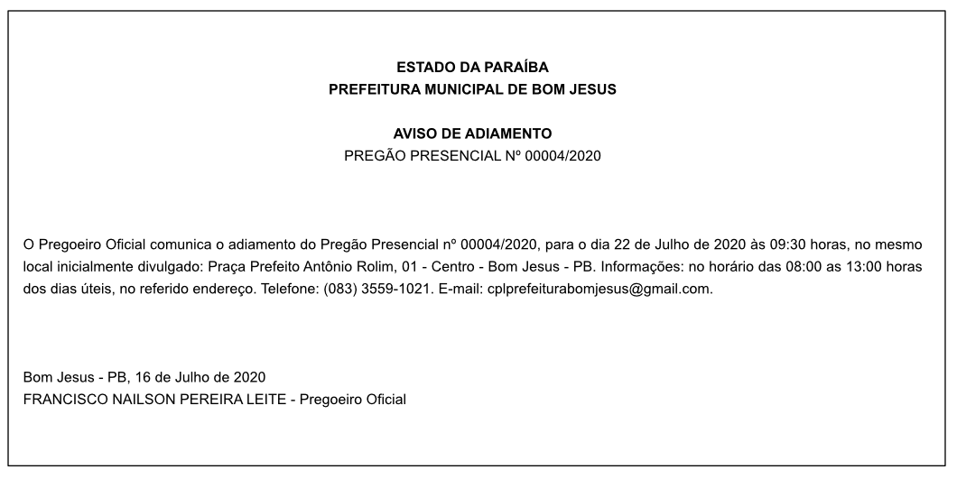 PREFEITURA MUNICIPAL DE BOM JESUS – AVISO DE ADIAMENTO – PREGÃO PRESENCIAL 00004/2020