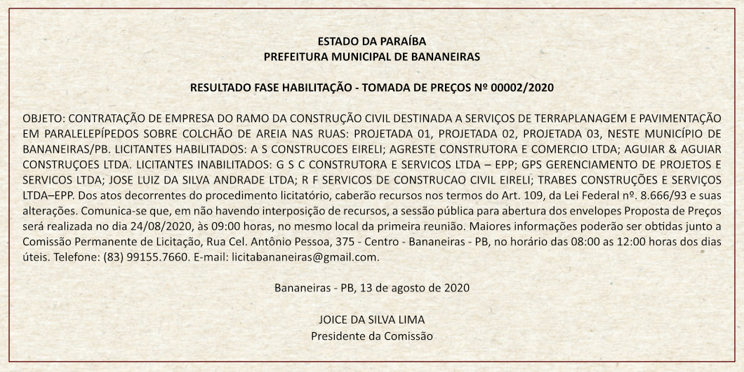 PREFEITURA MUNICIPAL DE BANANEIRAS – RESULTADO FASE HABILITAÇÃO – TOMADA DE PREÇOS Nº 00002/2020