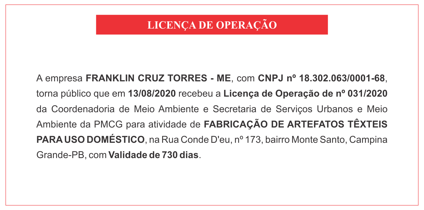 FRANKLIN CRUZ TORRES – ME – LICENÇA DE OPERAÇÃO