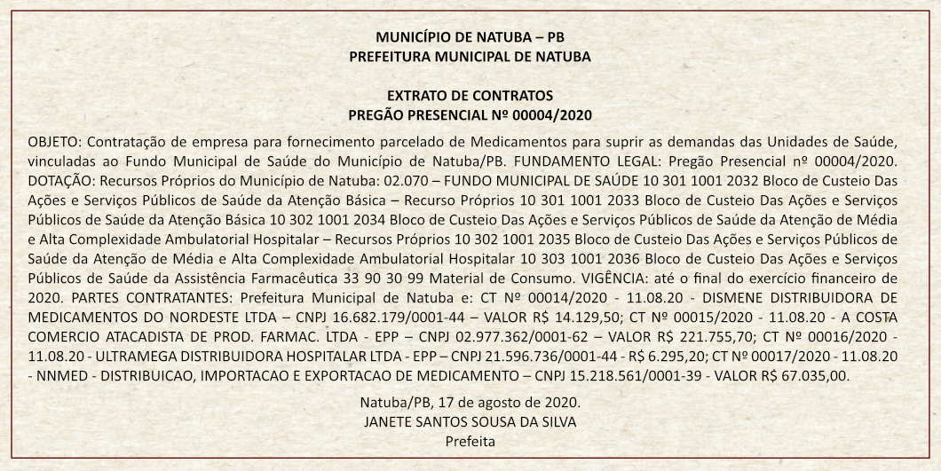 PREFEITURA MUNICIPAL DE NATUBA – EXTRATO DE CONTRATOS – PREGÃO PRESENCIAL Nº 00004/2020