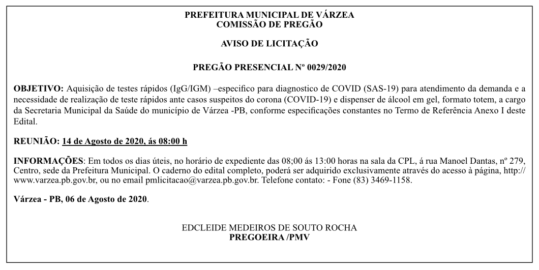 PREFEITURA MUNICIPAL DE VÁRZEA – AVISO DE LICITAÇÃO – PREGÃO PRESENCIAL Nº 0029/2020