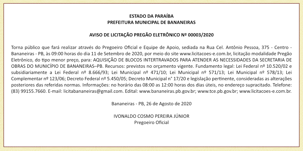 PREFEITURA MUNICIPAL DE BANANEIRAS – AVISO DE LICITAÇÃO – PREGÃO ELETRÔNICO Nº 00003/2020