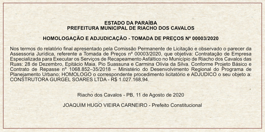 PREFEITURA MUNICIPAL DE RIACHO DOS CAVALOS – HOMOLOGAÇÃO E ADJUDICAÇÃO – TOMADA DE PREÇOS Nº 00003/2020