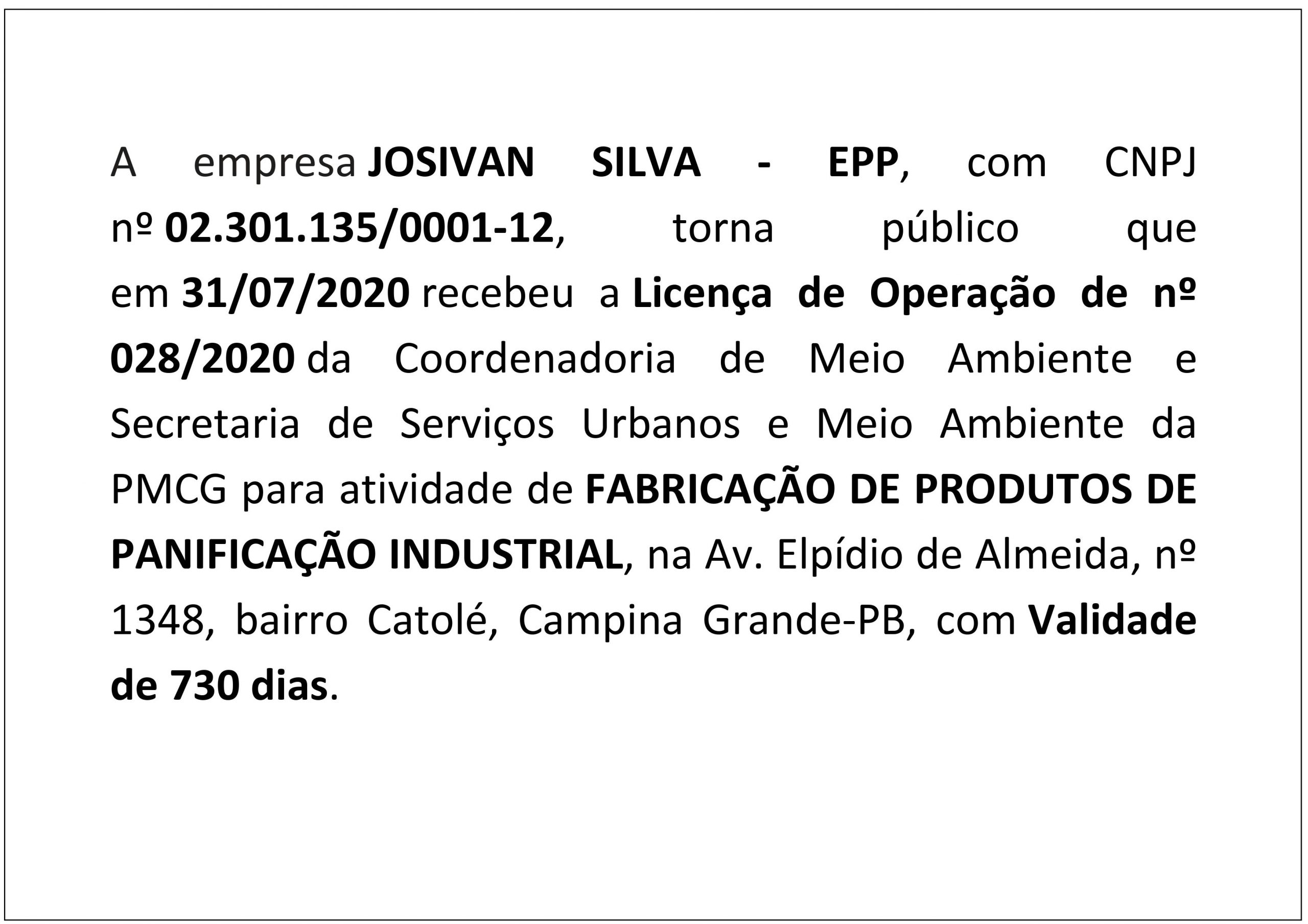 JOSIVAN SILVA – EPP – Licença de Operação nº 028/2020