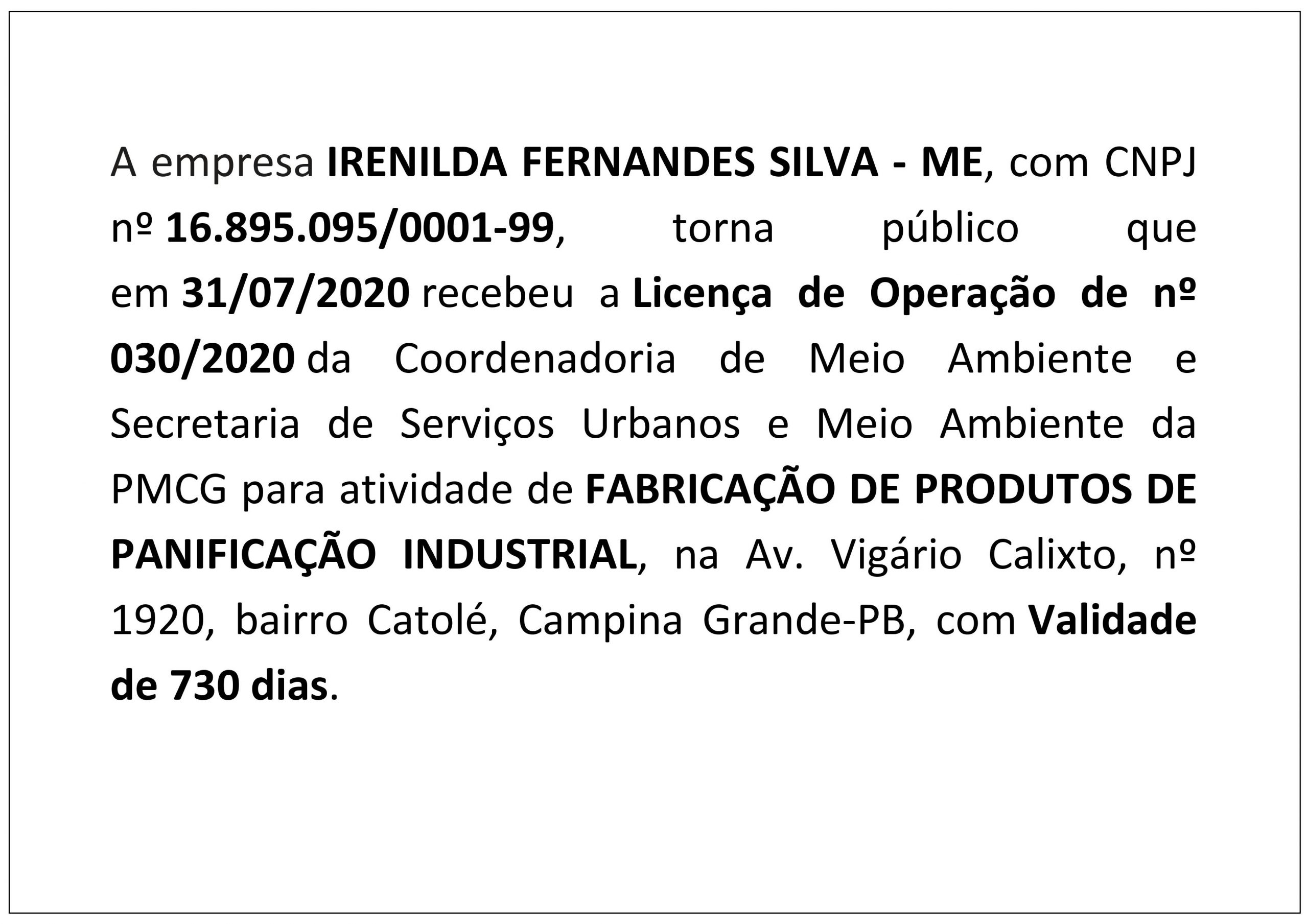 IRENILDA FERNANDES SILVA – ME – Licença de Operação nº 030/2020
