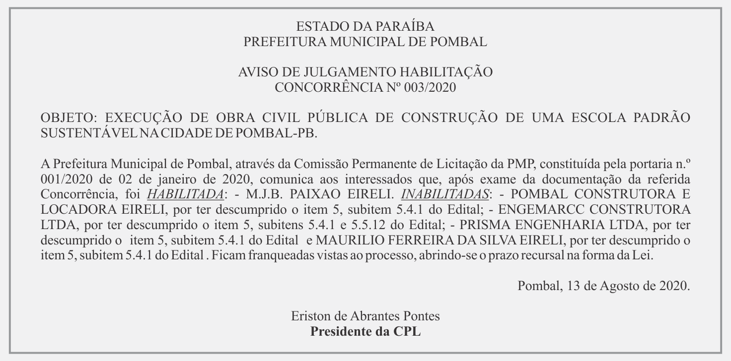 PREFEITURA DE POMBAL – AVISO DE JULGAMENTO HABILITAÇÃO CONCORRÊNCIA Nº 003/2020