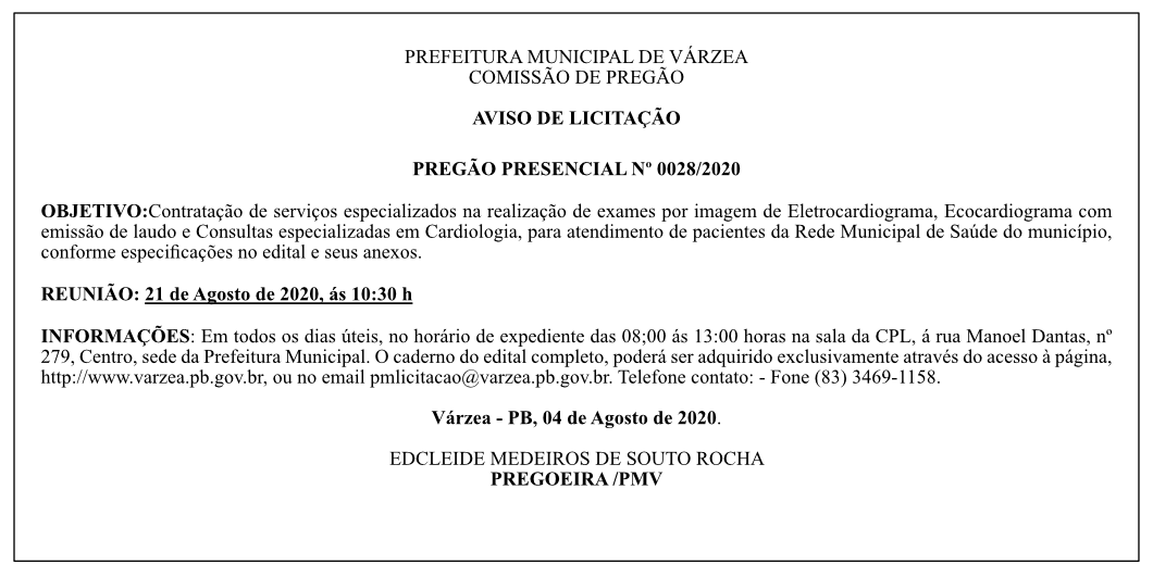 PREFEITURA MUNICIPAL DE VÁRZEA – AVISO DE LICITAÇÃO – PREGÃO PRESENCIAL Nº 0028/2020