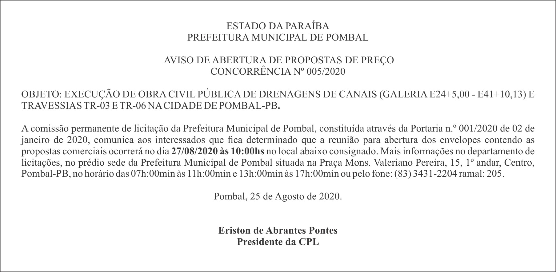 PREFEITURA MUNICIPAL DE POMBAL – AVISO DE ABERTURA DE PROPOSTAS DE PREÇO – CONCORRÊNCIA Nº 005/2020