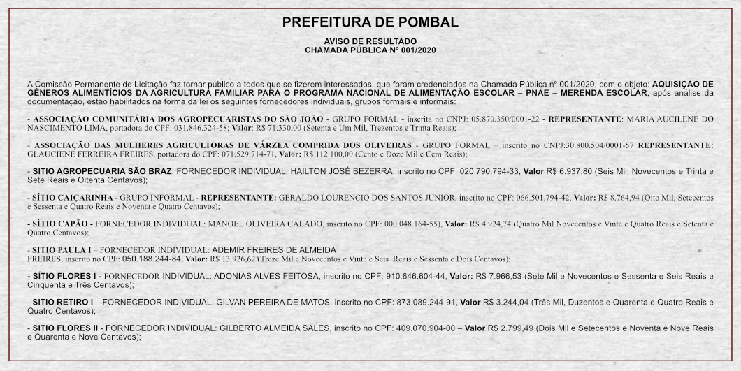 PREFEITURA MUNICIPAL DE POMBAL – AVISO DE RESULTADO CHAMADA PÚBLICA Nº 001/2020