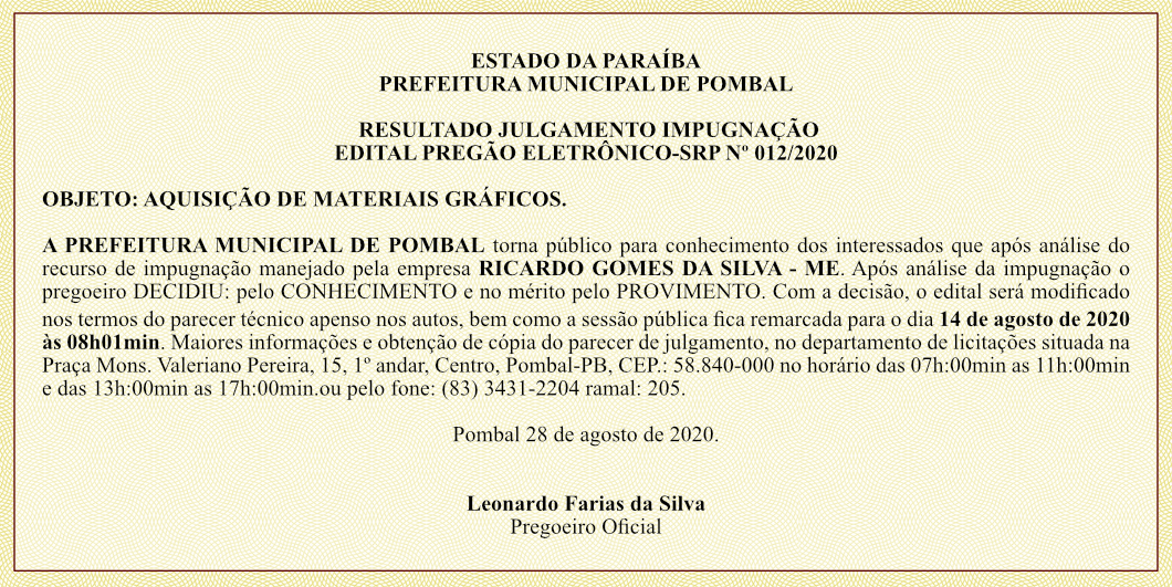 PREFEITURA MUNICIPAL DE POMBAL – PREGÃO ELETRÔNICO SRP Nº 012/2020 – RESULTADO JULGAMENTO IMPUGNAÇÃO