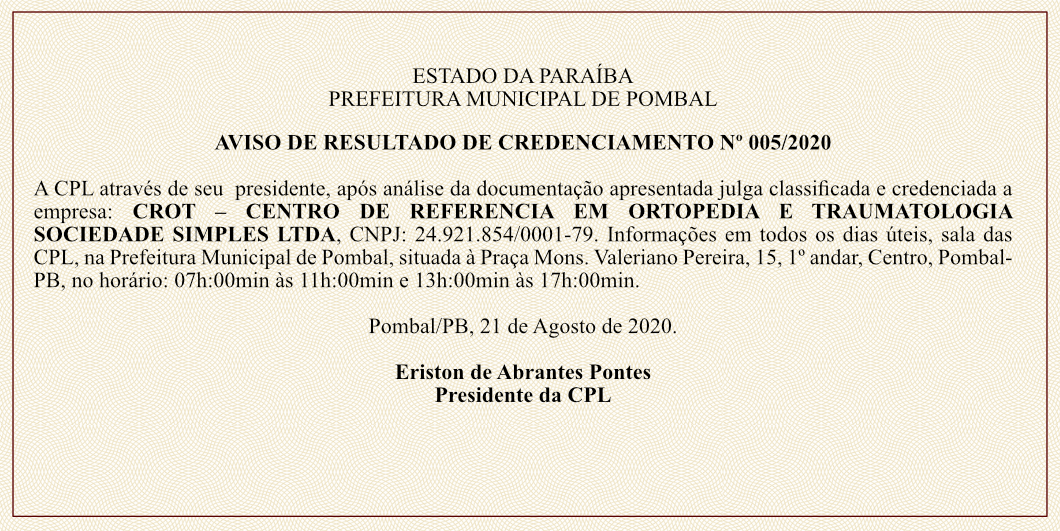 PREFEITURA MUNICIPAL DE POMBAL – AVISO DE RESULTADO DE CREDENCIAMENTO Nº 005/2020