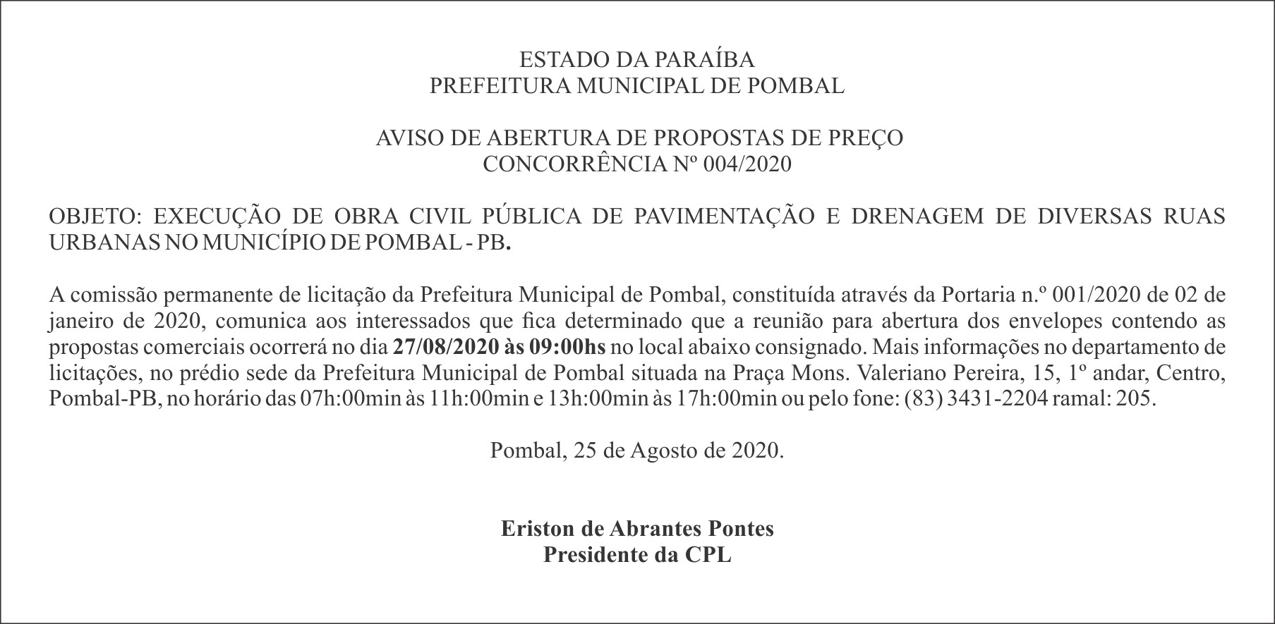 PREFEITURA MUNICIPAL DE POMBAL – AVISO DE ABERTURA DE PROPOSTAS DE PREÇO – CONCORRÊNCIA Nº 004/2020