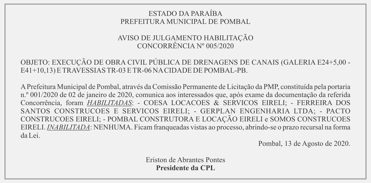 PREFEITURA DE POMBAL – AVISO DE JULGAMENTO HABILITAÇÃO CONCORRÊNCIA Nº 005/2020